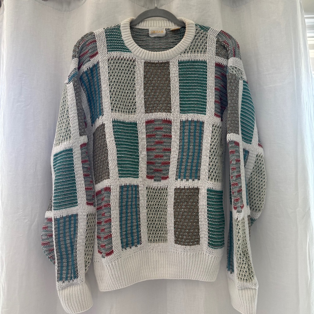 Vintage Cezar Open Knit Colorblock Crewneck Sweater | Teal Grey White | Size L